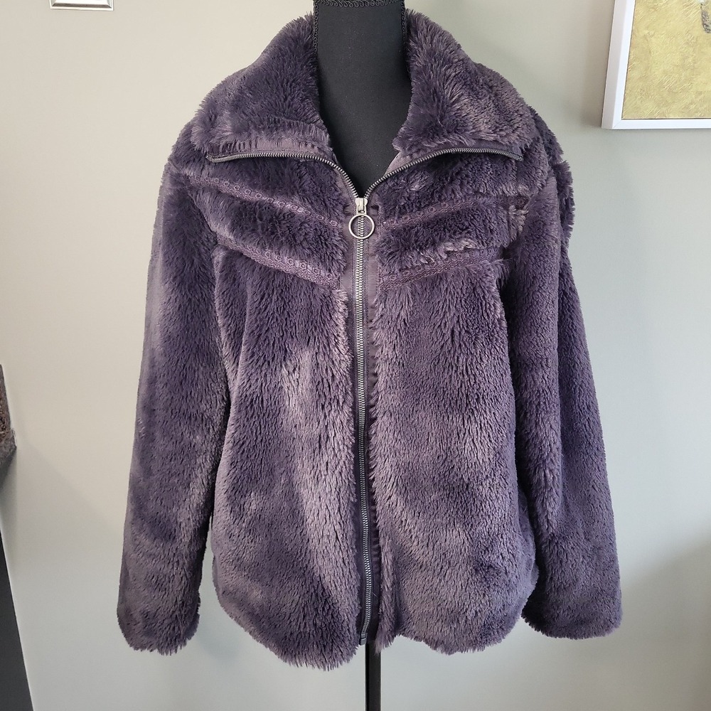 Green Tea Women's L Plush Faux Fur Teddy Jacket Black Plum Full Zip Cozy Soft